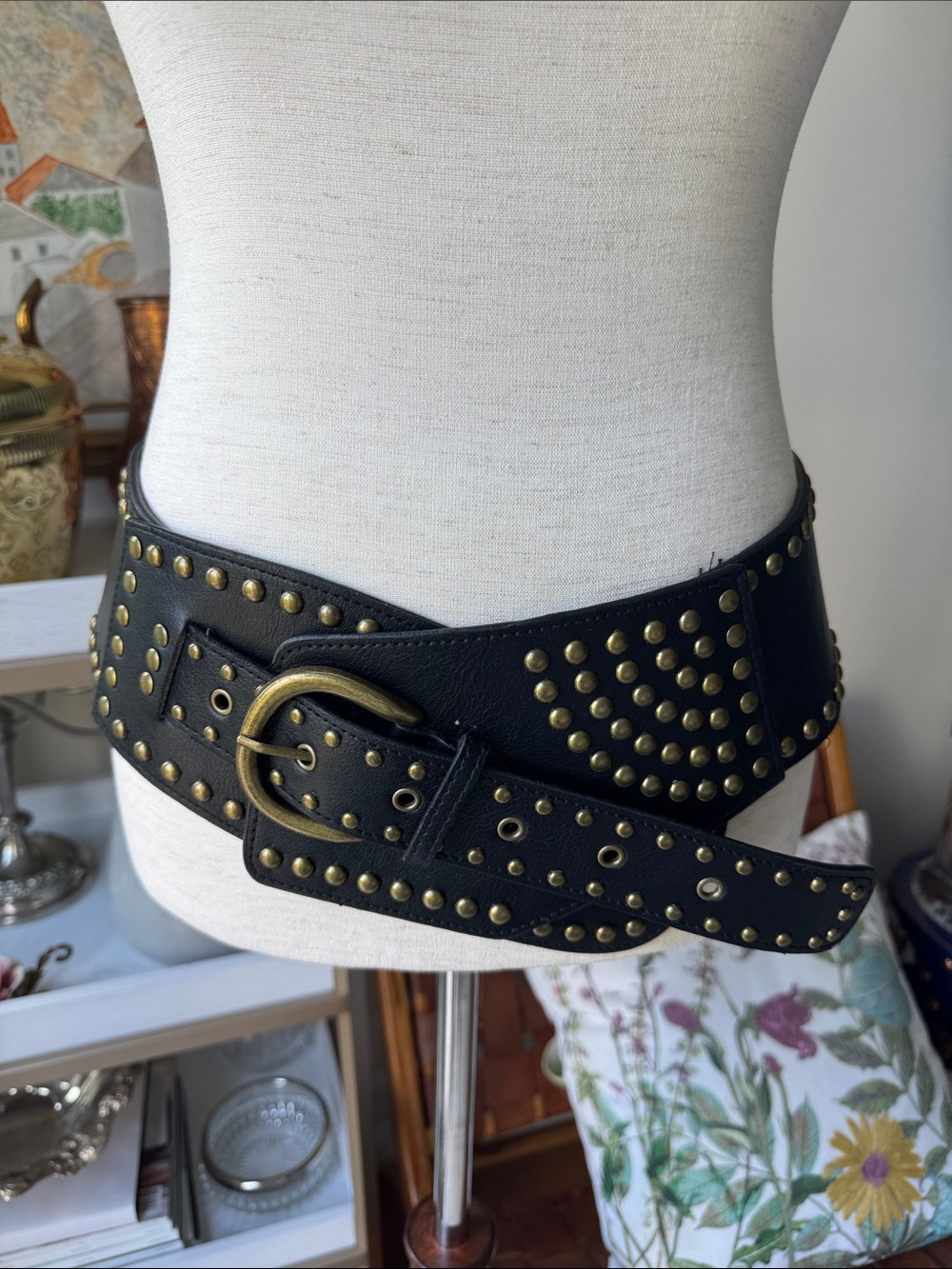 Edgy / festival style /Boho chic Studded Wide faux Leather Hip Belt - Black - Picture 4 of 6